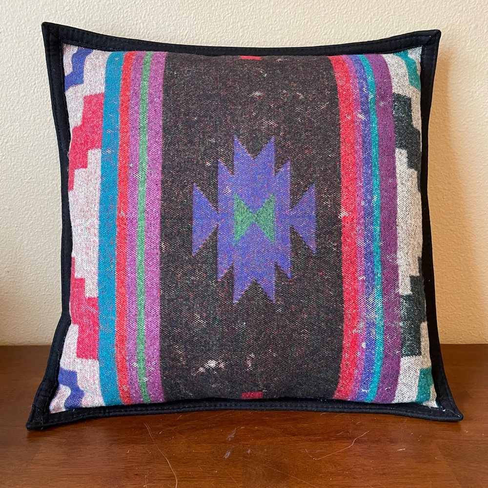 Vintage Pendleton Square Woolen Mills Pillow with Black and Teal Accents